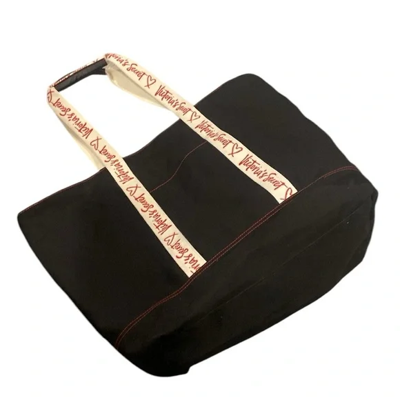 Victoria’s Secret black Canvas Tote Bag with signature red Logo Straps - Picture 1 of 8